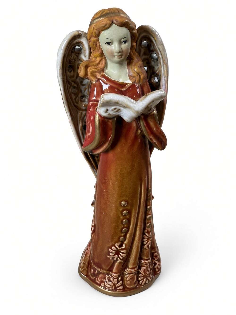 Porcelain Angel Figurine Reading Book Gold Trim